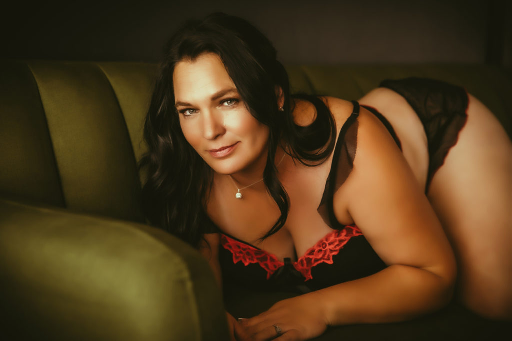  Woman in red and black lingerie in Sacramento Boudoir photography studio