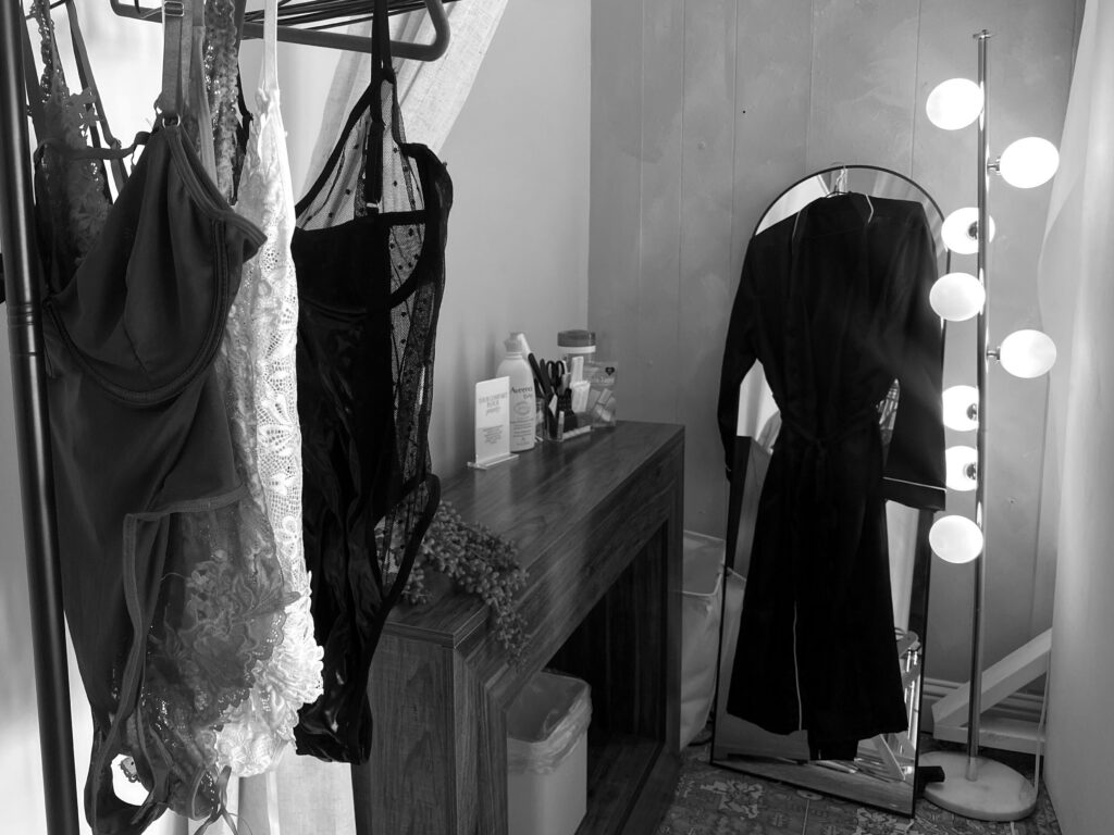 Boudoir client wardrobe — lingerie and robes styled in the studio for a Bay Area boudoir session